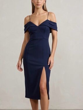 Show po NWT Navy Cocktail Dress. Front Slit. Off-Shoulder . Size 6. Flirty Chic